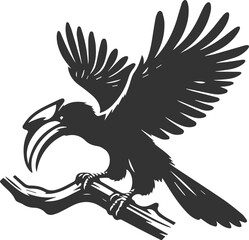 Black vector silhouette of a hornbill bird drawing illustration