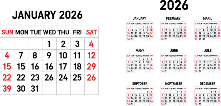 calendar for year 2025 and 2026. simple minimal style calendar, week starting with sunday. printable vector illustration