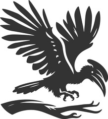 Black vector silhouette of a hornbill bird drawing illustration