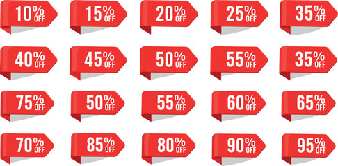 discount sticker product tag set. shopping discount label badge with 10 to 95 percent off. vector symbol on transparent background.