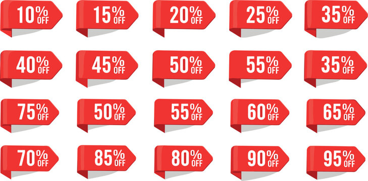 discount sticker product tag set. shopping discount label badge with 10 to 95 percent off. vector symbol on transparent background.