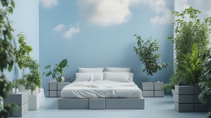 Fresh minimalist bedroom design with a sky blue backdrop, plush double bed, modern plants, and structured grey storage boxes near corners
