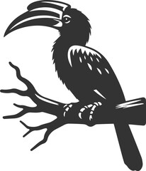 Black vector silhouette of a hornbill bird drawing illustration