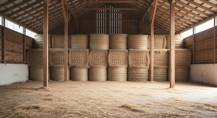 Hay Bales Stacked Inside Barn