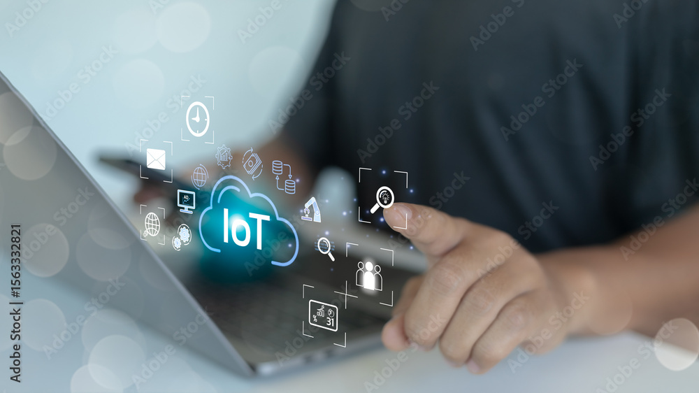 Poster close-up of a man's hand touching a digital screen with iot cloud and smart technology icons, repres