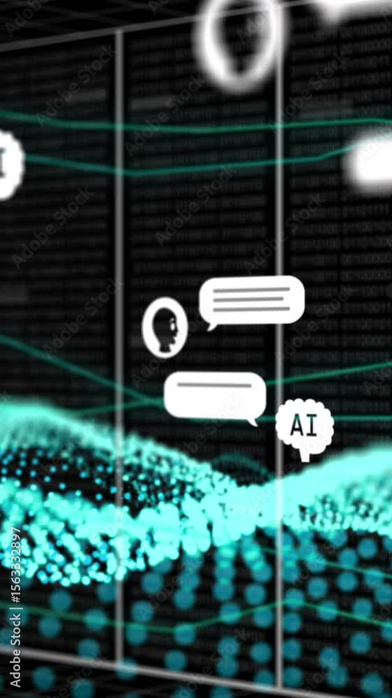 Poster animation of artificial intelligence icons and data processing over green mesh