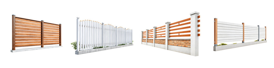 Modern Fence Designs: Wood, Metal, and Concrete on White