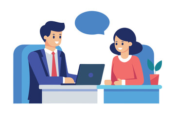 Obraz premium Happy business colleagues collaborating on laptop, modern flat design, positive mood.