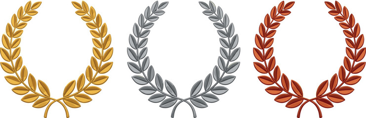 laurel wreath set. gold, silver and bronze wreath badge for award, achievement, trophy, prize winner and other design element. transparent vector.