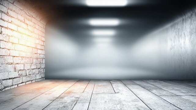 Abstract industrial interior background with brick wall, lights and wooden floor texture