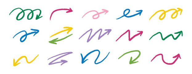 Hand drawn colorful arrows doodle set line art directional design