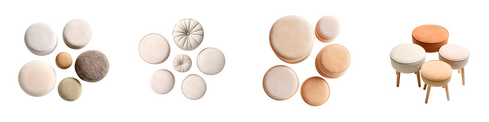 Collection of Neutral Toned Poufs on White Background
