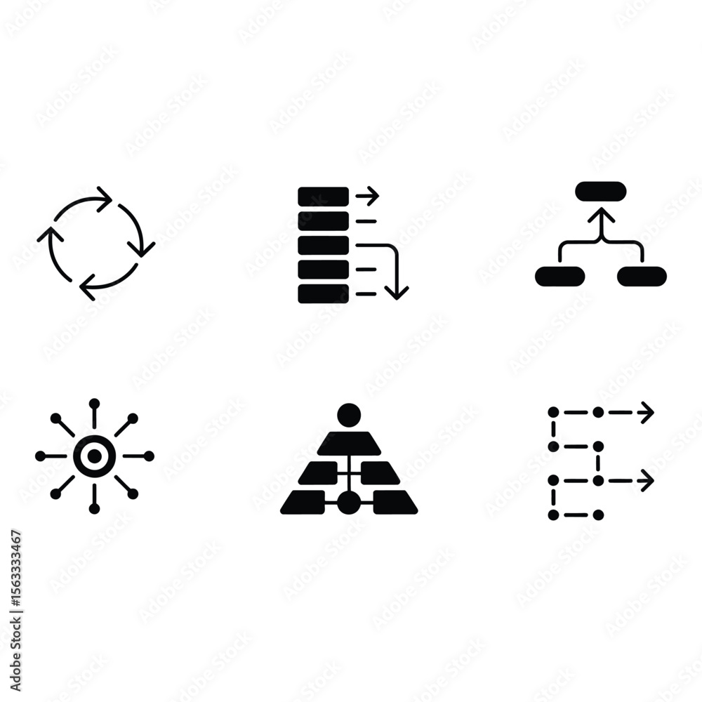 Poster six minimalist black workflow icons process system network hierarchy and flowchart diagrams