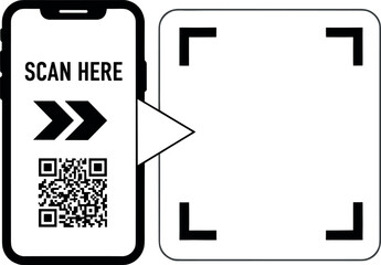 Scan here QR code blank frame. printable scan here sticker template for shop payment, website, app, ui. vector illustration on transparent background.