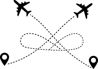 round trip travel concept. plane travelling from start point to end point with dotted line tracing. trip planning vector symbol on transparent background