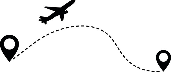 tourism and travel concept. plane travelling from start point to end point with dotted line tracing. trip planning vector symbol on transparent background.
