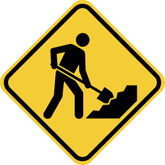 under construction road sign. warning sign with man digging ground. vector illustration on transparent background.