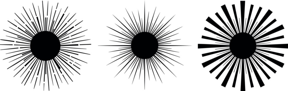 sunburst icon collection. starburst element. radial stripes of fireworks. retro design. vector illustration on transparent background