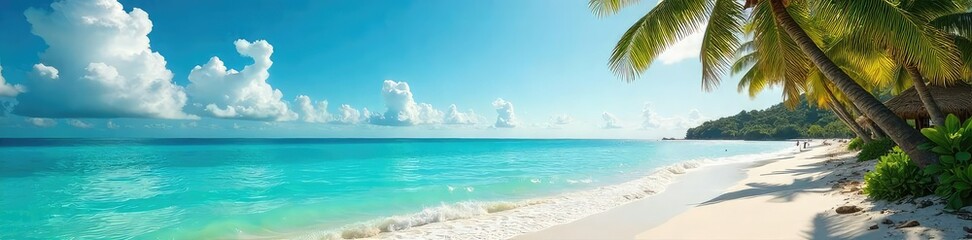 Sun-drenched beach scene with turquoise water lapping gently at the shore, palm trees swaying in the breeze, creating a tranquil paradise Perfect for travel and holiday themes , fun, idyllic