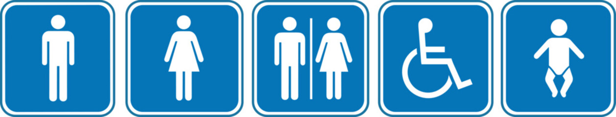 washroom signs. printable blue sticker of toilet symbol with man woman baby cleaning icons. restroom bathroom and change room sign. transparent png and vector illustration
