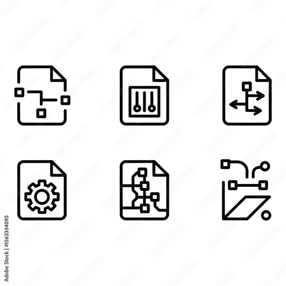 Poster six minimalist line icons process flowchart data transfer system settings circuit diagram documents