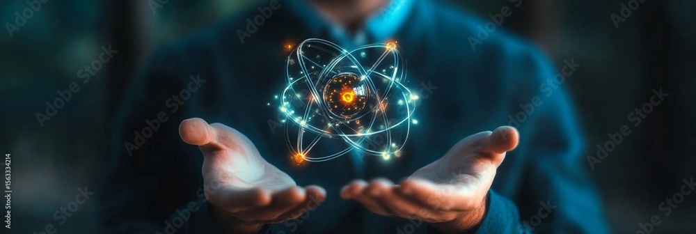 Aufkleber concept of energy and power with nuclear future technologies visualized as digital atom in hands