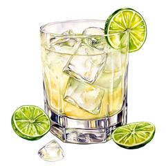 Refreshing watercolor art featuring a cocktail with ice cubes and fresh limes against a stark black backdrop, transparent background