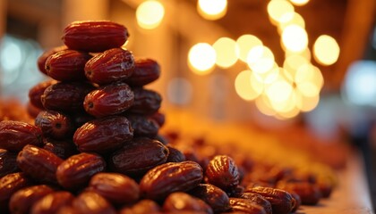 Close-up shot of fresh dates on display at vibrant market in Saudi Arabia. Healthy exotic treats arranged in pyramid. Appealing food presentation, warm evening lighting, perfect for grocery,