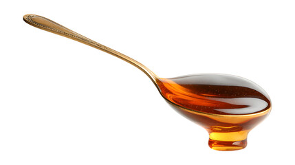 Filling a measuring spoon with honey isolated on a white background