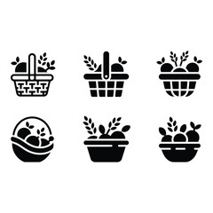 Six monochrome icons baskets of fresh produce wheat minimalist style healthy eating concept
