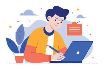 Young man working on laptop, taking notes, modern flat design, cheerful mood, productivity concept.