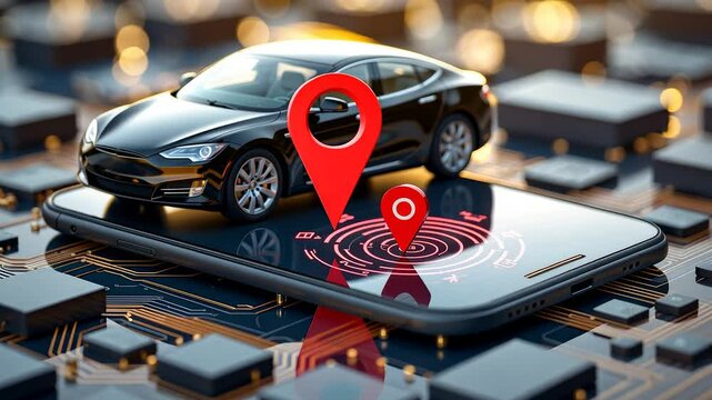 Black Car Smartphone Red Pin Location Circuit Board Digital Map Navigation Screen