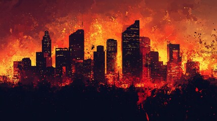 Apocalyptic Cityscape: Fiery Skyline and Silhouette of Modern Architecture