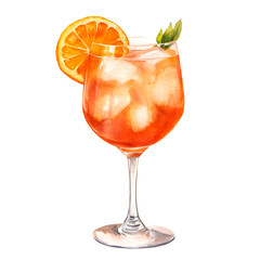 Aperol spritz watercolor illustration features a bright orange slice and ice, perfect for summer cocktail designs and menus, transparent background