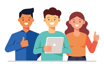 Happy diverse team using tablet, thumbs up, positive collaboration, flat design, cheerful mood.