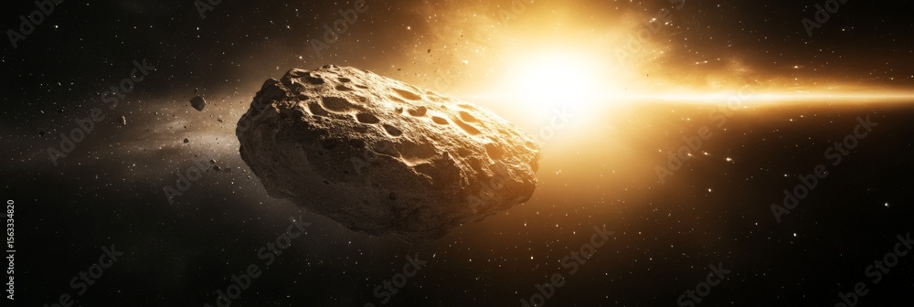 Poster massive asteroid traversing cosmic space, surrounded by smaller rocky fragments and celestial dust, 