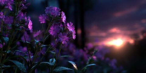 Obraz premium Colorful flowers bloom during sunset in a tranquil landscape with a serene atmosphere and gentle natural lighting