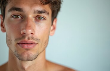 Fototapeta premium Handsome young white man with clear skin. Portrait male face with healthy skin. Beauty skincare concept. Wellness, grooming, metrosexual lifestyle. Studio shot, natural light. Close-up of face.