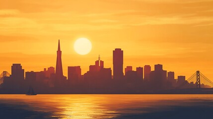 Golden San Francisco Sunset: A Silhouette of Cityscape and Serene Water