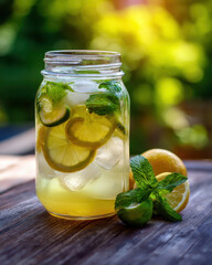 Glass Jar of Homemade Lemon-Lime Lemonade A glass jar filled with refreshing homemade lemon-lime lemonade with mint