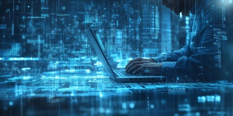 Futuristic digital interface with financial data and charts displayed on a large screen in blue tones.