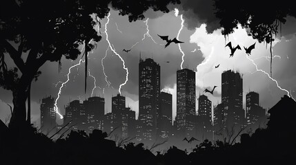 Monochrome Metropolis: A Stormy Night Over the City with Flying Bats