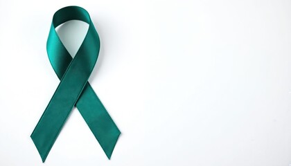 Teal awareness ribbon isolated white. Represents ovarian cancer, PTSD, sexual assault, anxiety disorder, gynecological cancer, food allergies, cervical cancer, PCOS, Tourette syndrome. Hope, support