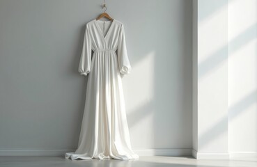 Elegant white gown hangs against minimalist wall. Flowing fabric, long sleeves, simple design. Dress perfect for wedding, fashion show. Silhouette of classic beauty, luxury textile apparel.