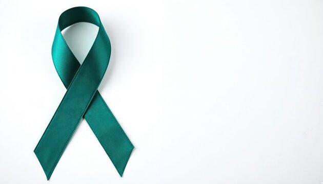 Teal awareness ribbon isolated white. Represents ovarian cancer, PTSD, sexual assault, anxiety disorder, gynecological cancer, food allergies, cervical cancer, PCOS, Tourette syndrome. Hope, support