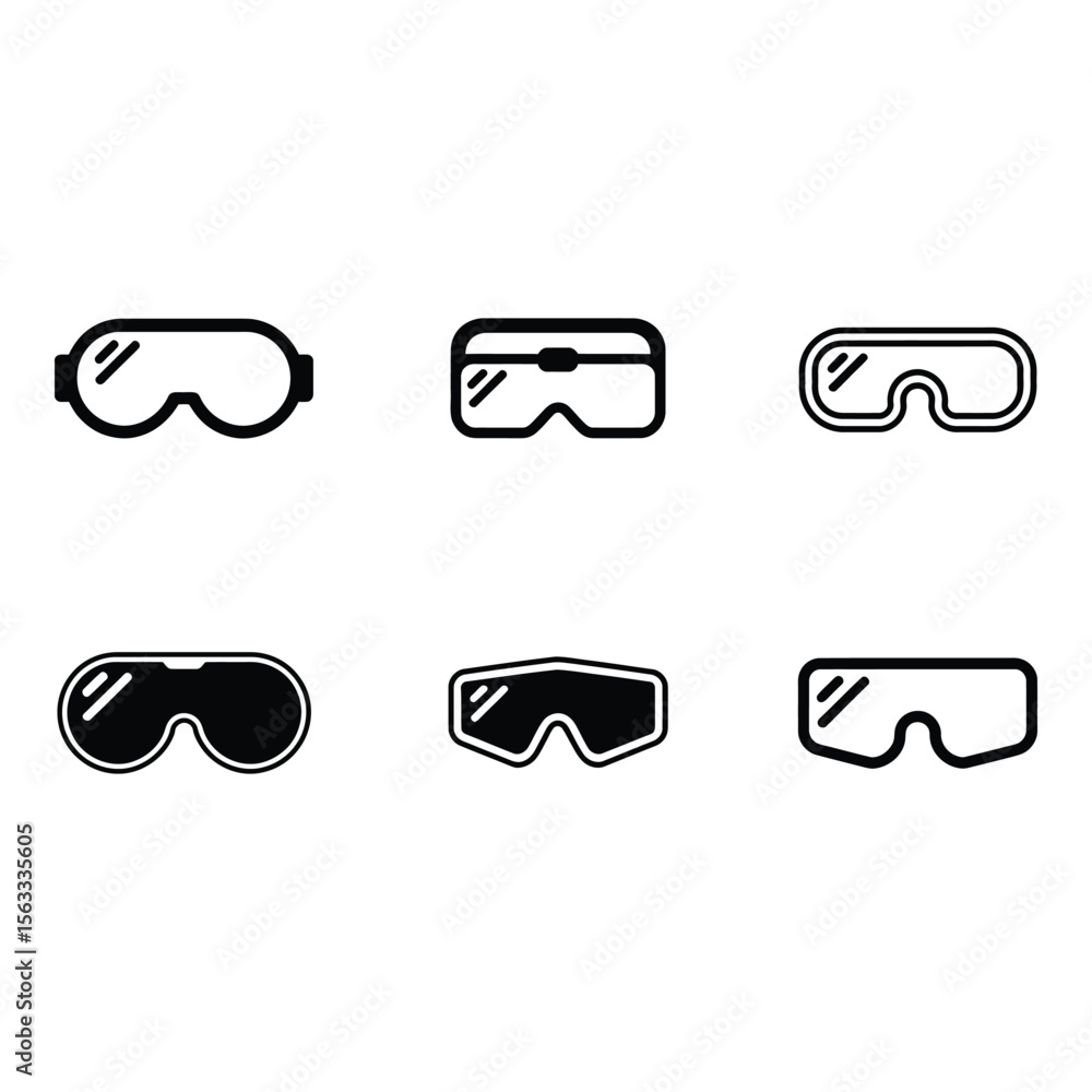 Poster six stylish goggles icon set black and white minimalist vector graphics for web and app design