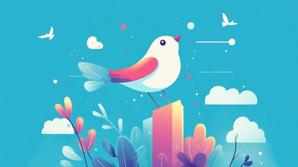 Artistic Bird Illustration with Colorful Plants and Sky Background