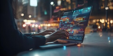 Businesswoman checking stock market graphs on a tablet at night, city lights in the background.