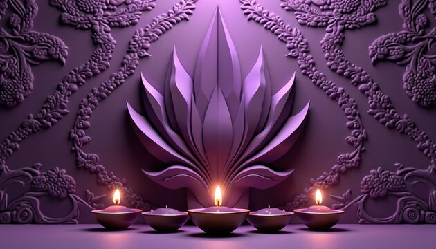 3D rendering Diwali celebration background design. Purple color decor with decorative floral pattern, candles. Modern abstract design for holidays greeting cards. Illustration for web, print projects.