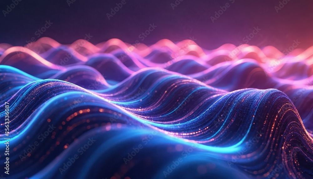 Poster Abstract 3D render with wavy background neon rays and glowing colorful lines. Ultraviolet light, neon illumination creates visual of digital fiber optic data streams. Modern tech and science backdrop.